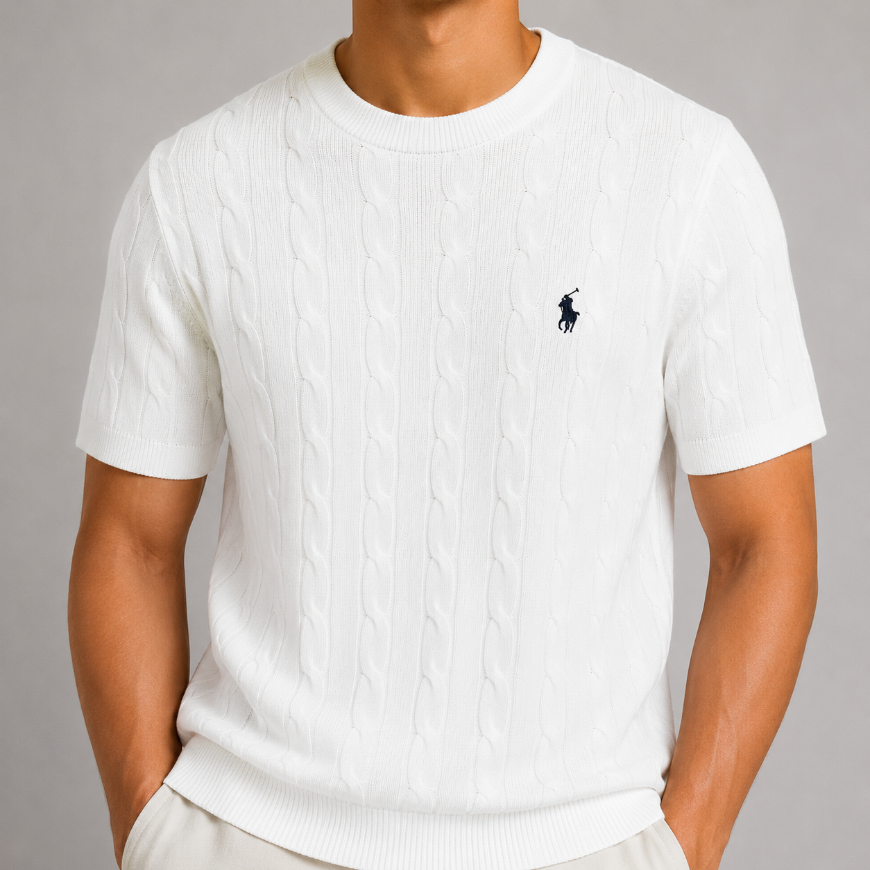 Saç Örgü Desenli Bisiklet Yaka Triko T-Shirt - Beyaz
