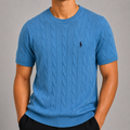 Saç Örgü Desenli Bisiklet Yaka Triko T-Shirt - Mavi