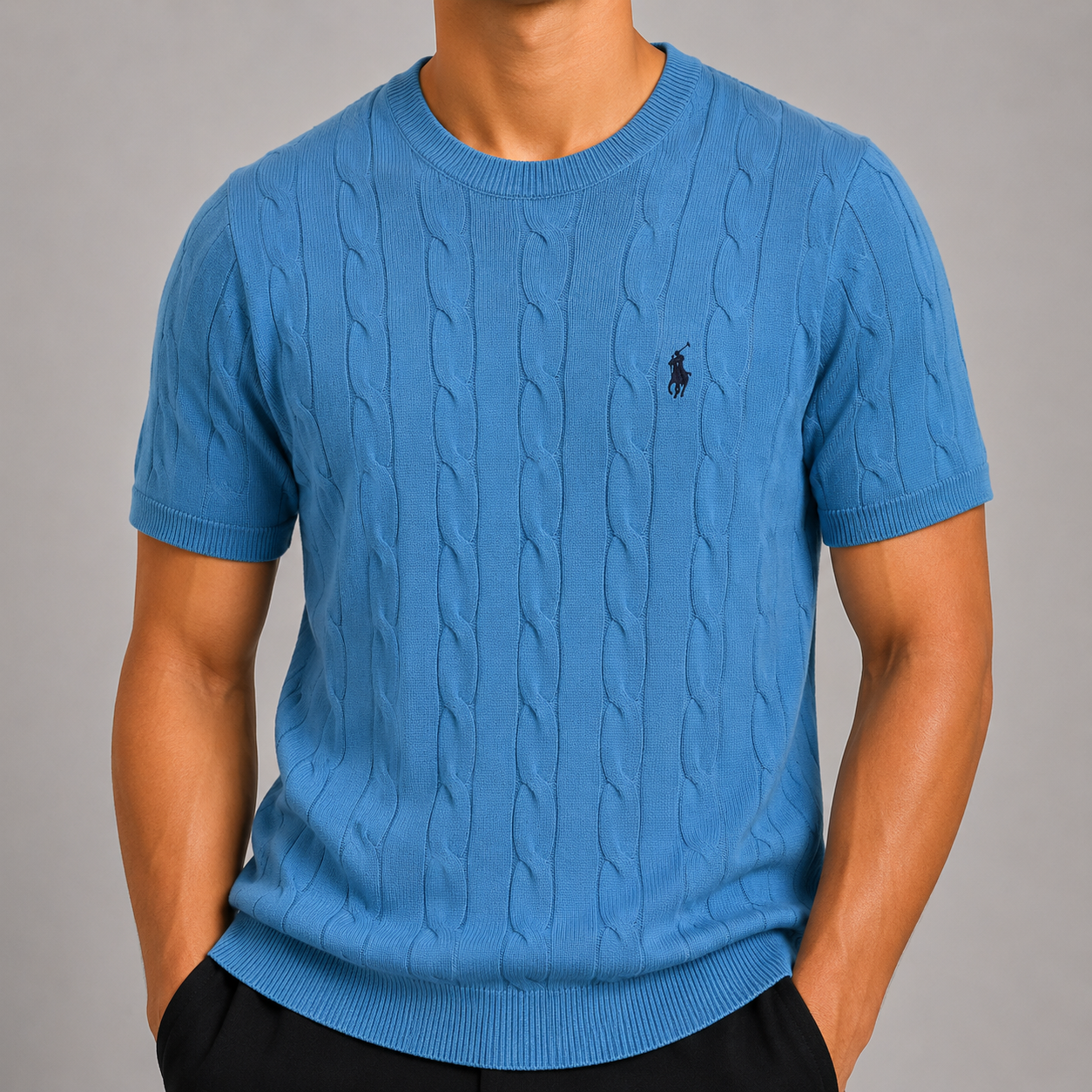 Saç Örgü Desenli Bisiklet Yaka Triko T-Shirt - Mavi