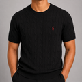 Saç Örgü Desenli Bisiklet Yaka Triko T-Shirt - Siyah