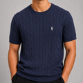 Saç Örgü Desenli Bisiklet Yaka Triko T-Shirt - Lacivert