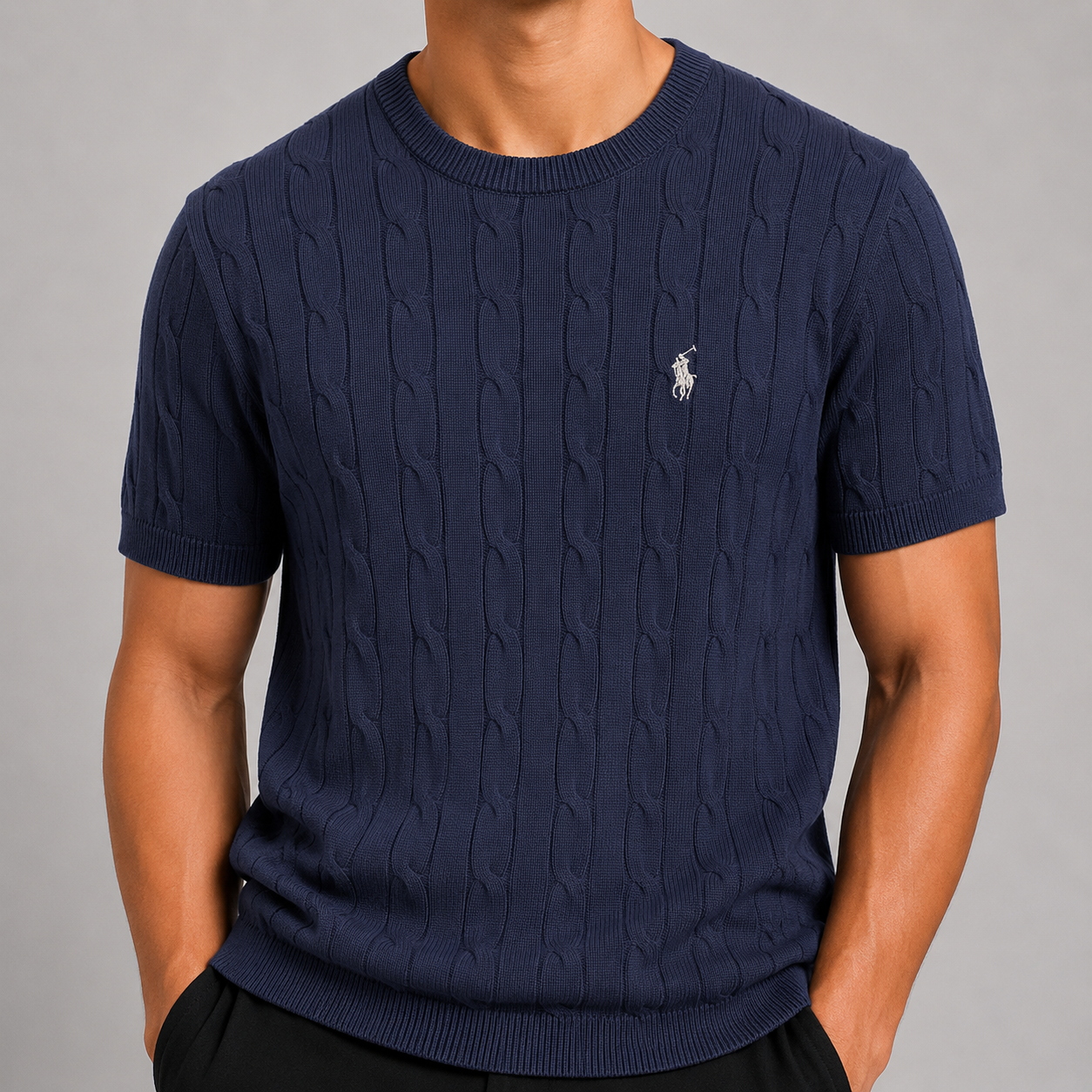Saç Örgü Desenli Bisiklet Yaka Triko T-Shirt - Lacivert