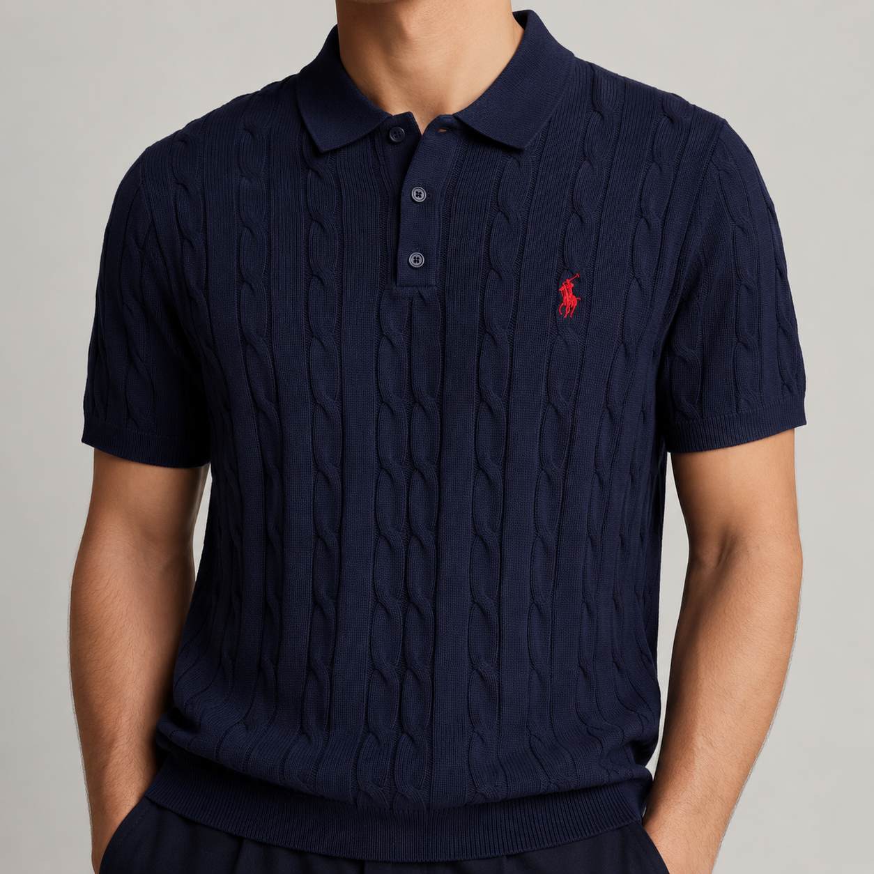 SAÇ ÖRGÜ DESENLİ DÜĞMELİ POLO YAKA TRİKO T-SHİRT - LACİVERT